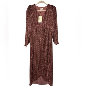 The Korner NWT‎ Faux Wrap Long Modest Long Sleeve Dress Large Fall Gold Sheer